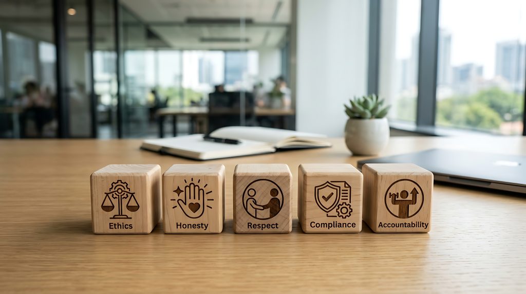 wooden blocks with business ethics concepts on office desk